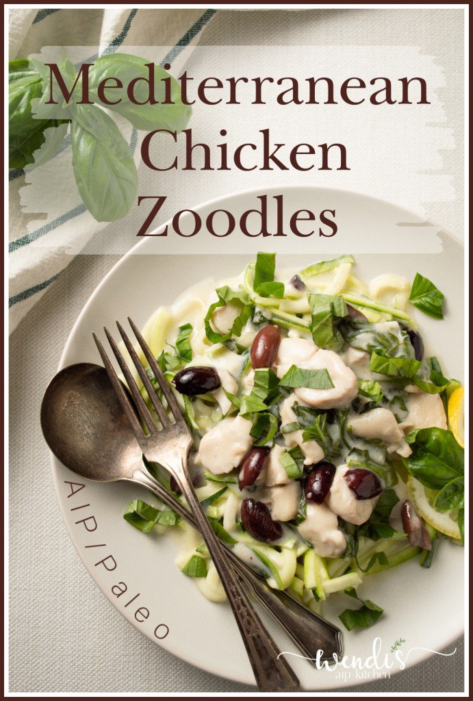 Mediterranean Chicken Zoodles Pinterest Pin showing a closeup overhead view of this plate of goodness with some fresh basil nearby