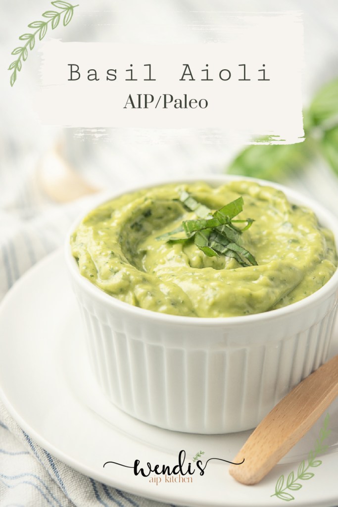 This is a closeup image of basil aioli used as a pin for Pinterest.