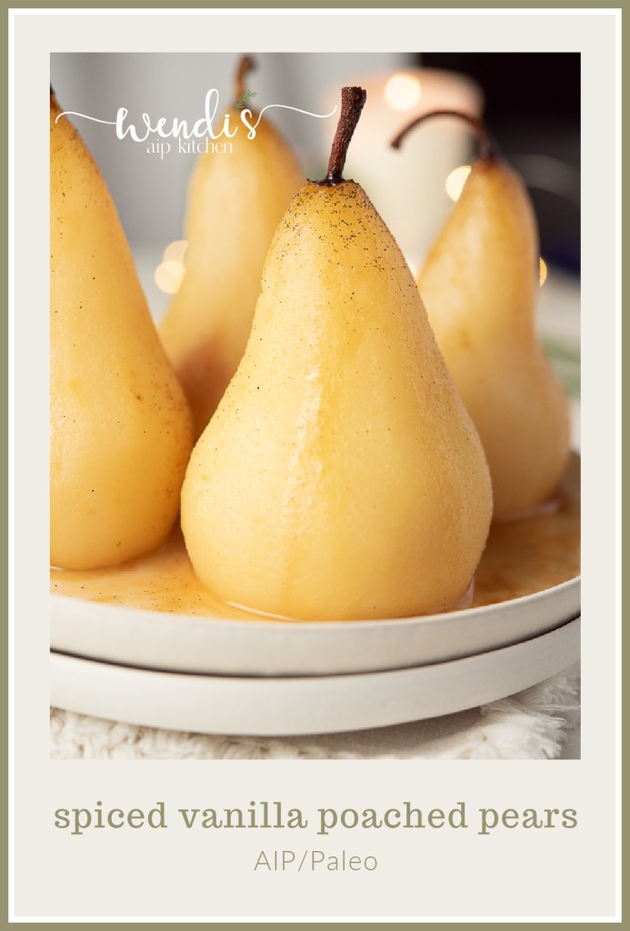 Pinterest Pin for Spiced Vanilla Poached Pears, showing the closeup image.